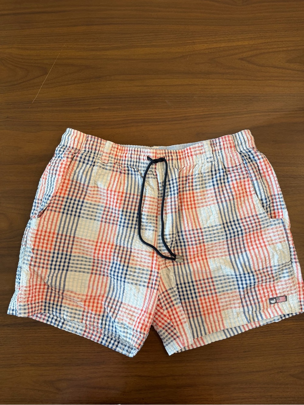 Southern Marsh Men’s Seersucker Plaid Swim Trunks M Red White Blue Patriotic